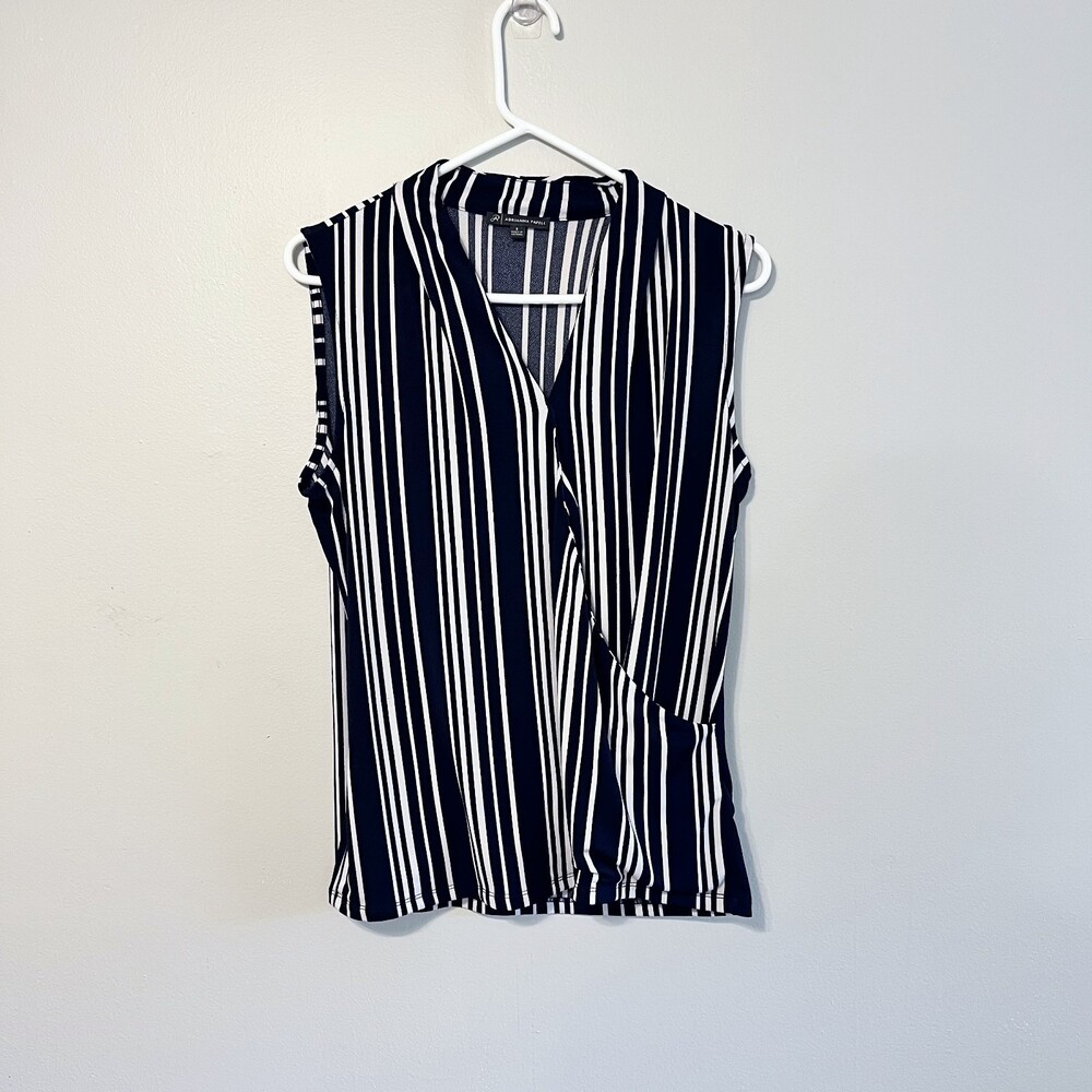 Adrianna Papell Navy Blue and White Stripe Sleeveless Wrap Top Small
